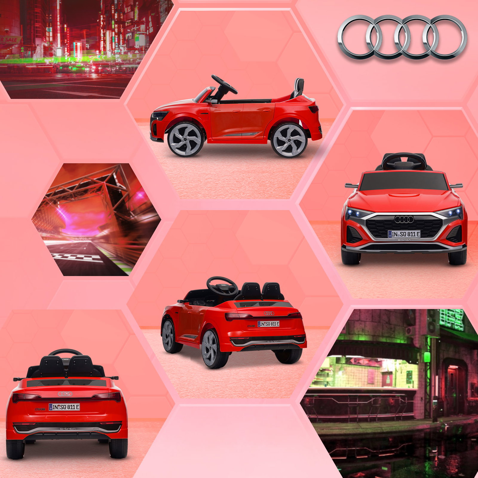 Carro elétrico para crianças carro audi q8 etron sportback infantil 12v faróis buzina e música 98x49,5x43 cm vermelho