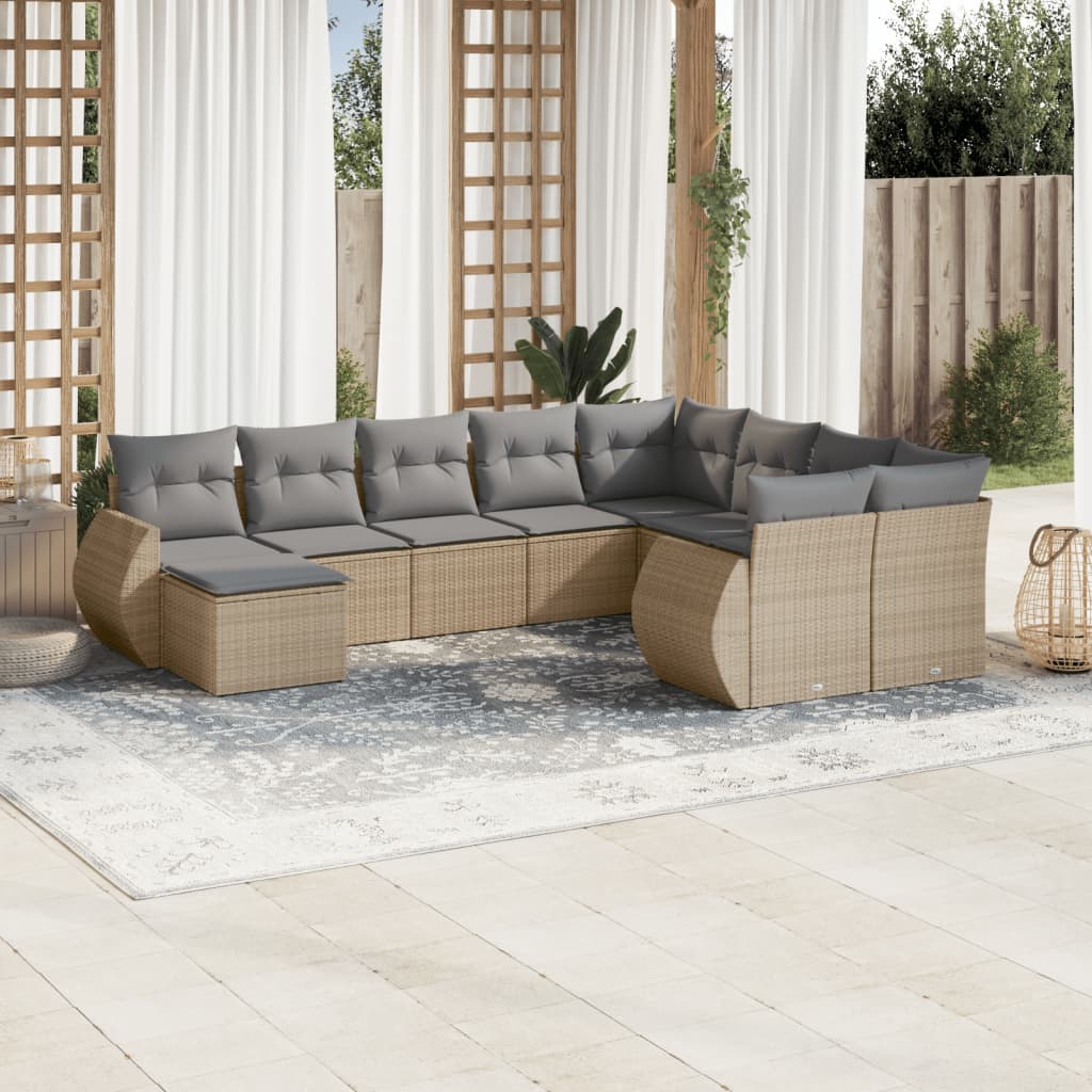 10 Pcs conjunto de sofás p/ jardim com almofadões vime PE bege