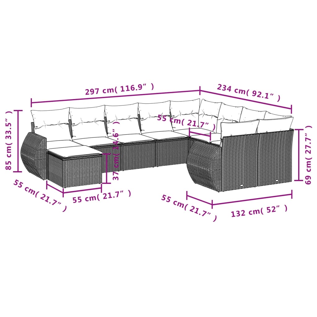10 Pcs conjunto de sofás p/ jardim com almofadões vime PE bege