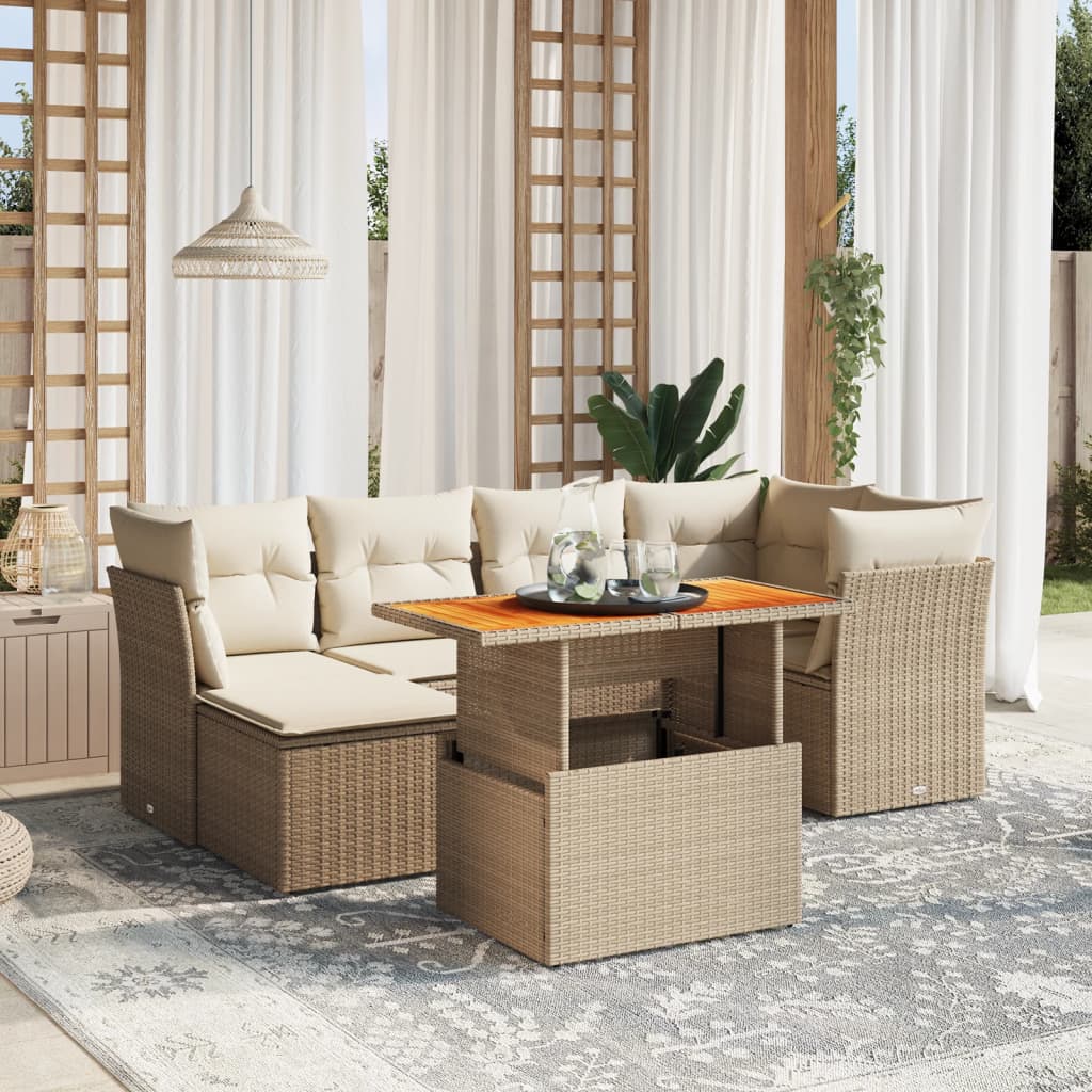 7 Pcs conjunto de sofás p/ jardim com almofadões vime PE bege