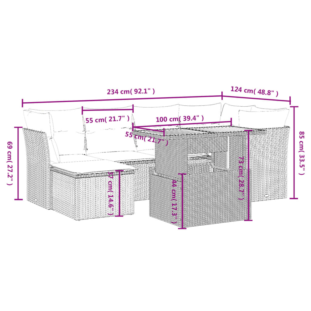 7 Pcs conjunto de sofás p/ jardim com almofadões vime PE bege