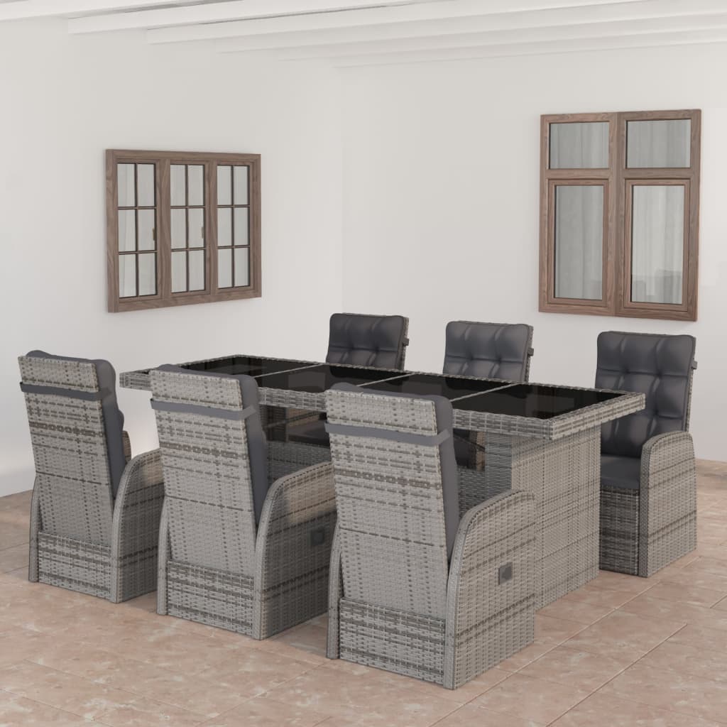 7 Pcs conjunto jantar exterior com almofadões vime PE cinzento