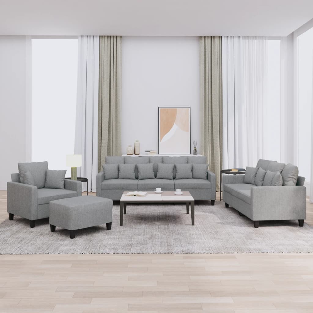 4 Pcs conjunto de sofás com almofadas tecido cinzento-claro
