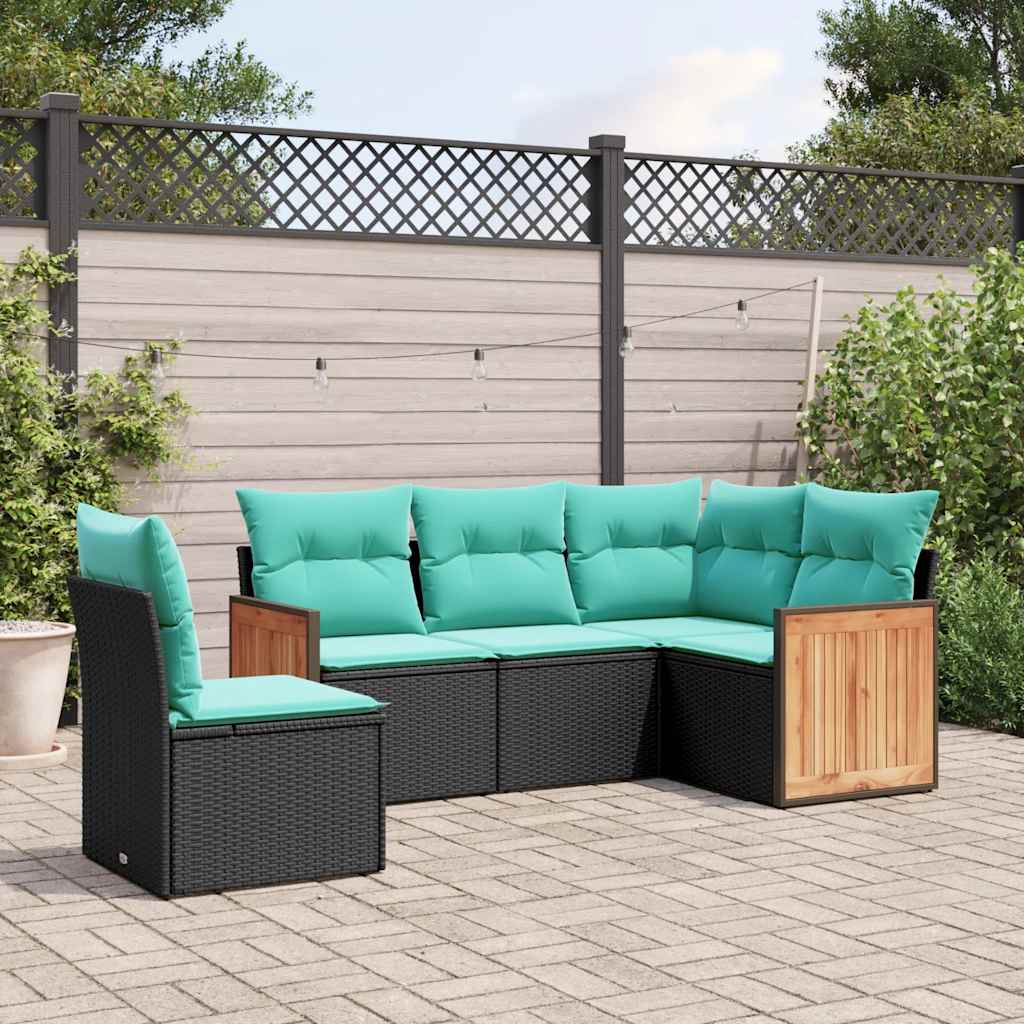 Conjunto de sofá de jardim de 5 peças com almofadas em rattan sintético preto