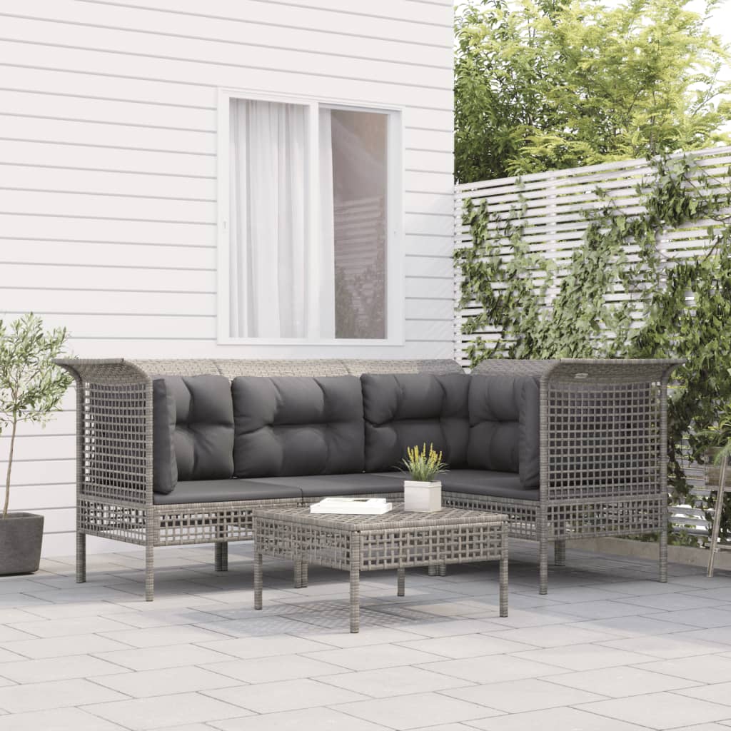 5 Pcs conjunto lounge de jardim c/ almofadões vime PE cinzento