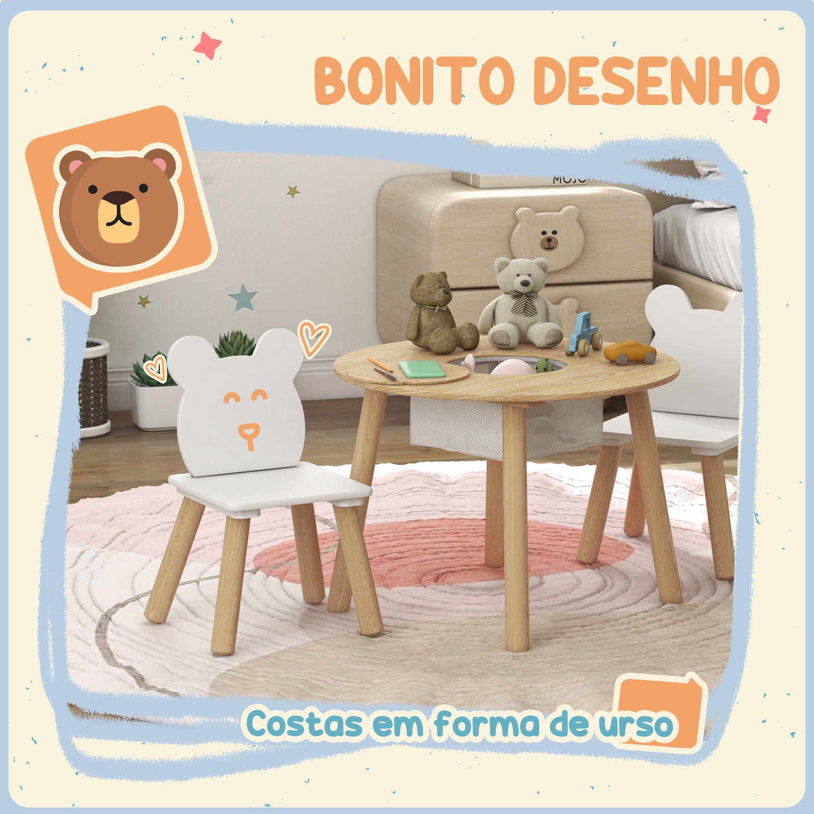 Mesa infantil com 2 cadeiras com espaço de arrumação para crianças de 3-6 anos para sala de jogos dormitório madeira e branco