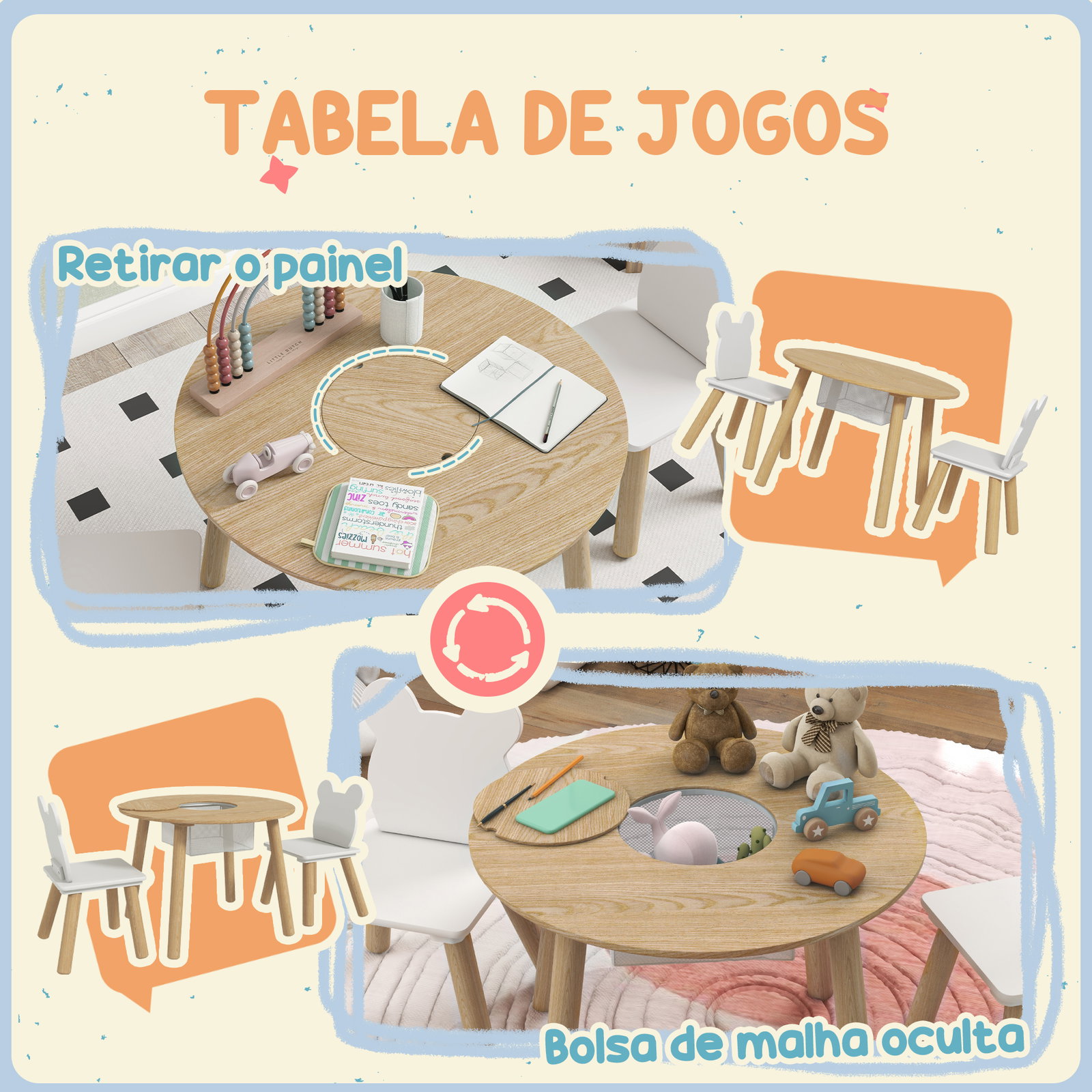 Mesa infantil com 2 cadeiras com espaço de arrumação para crianças de 3-6 anos para sala de jogos dormitório madeira e branco