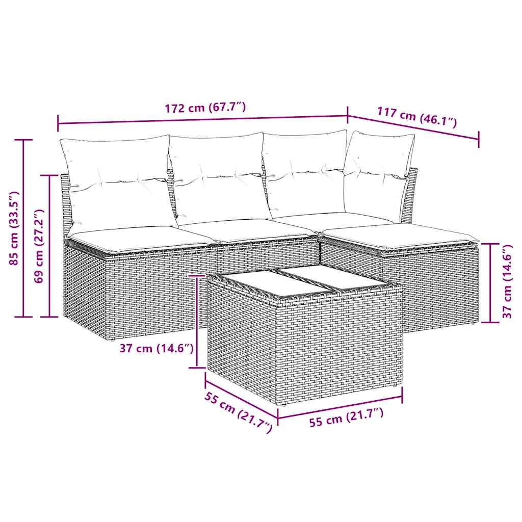 5 Pcs conjunto de sofás p/ jardim com almofadões vime PE bege
