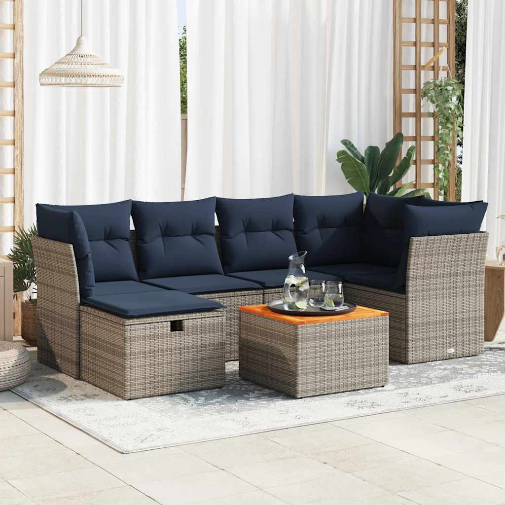 7 Pcs conjunto sofás p/ jardim c/ almofadões vime PE cinzento