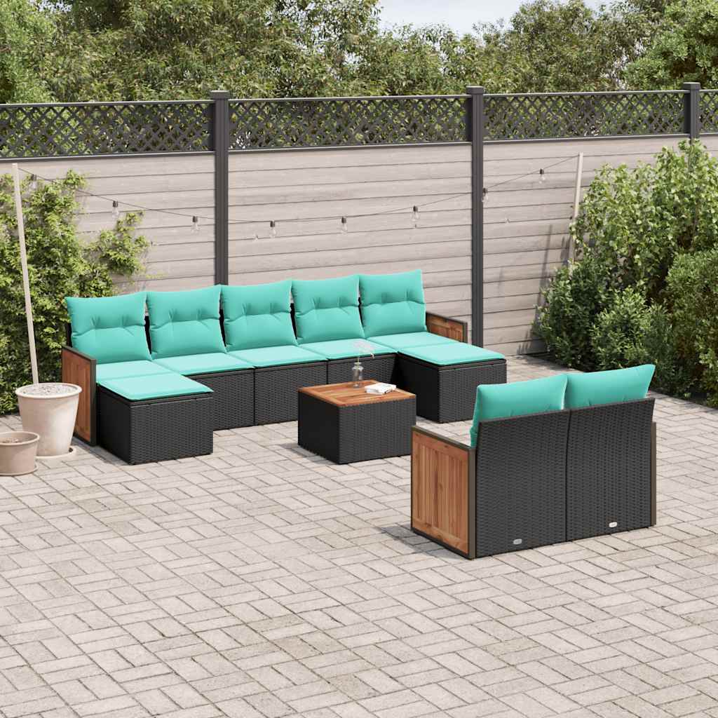 Conjunto de sofá de jardim com 10 peças e almofadas em rattan sintético preto