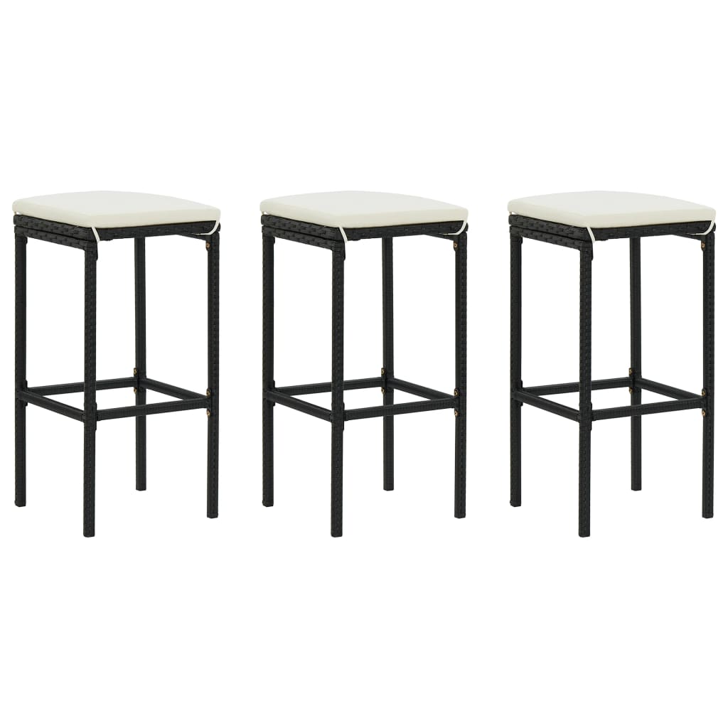 Bancos de bar com almofadões 3 pcs vime PE preto