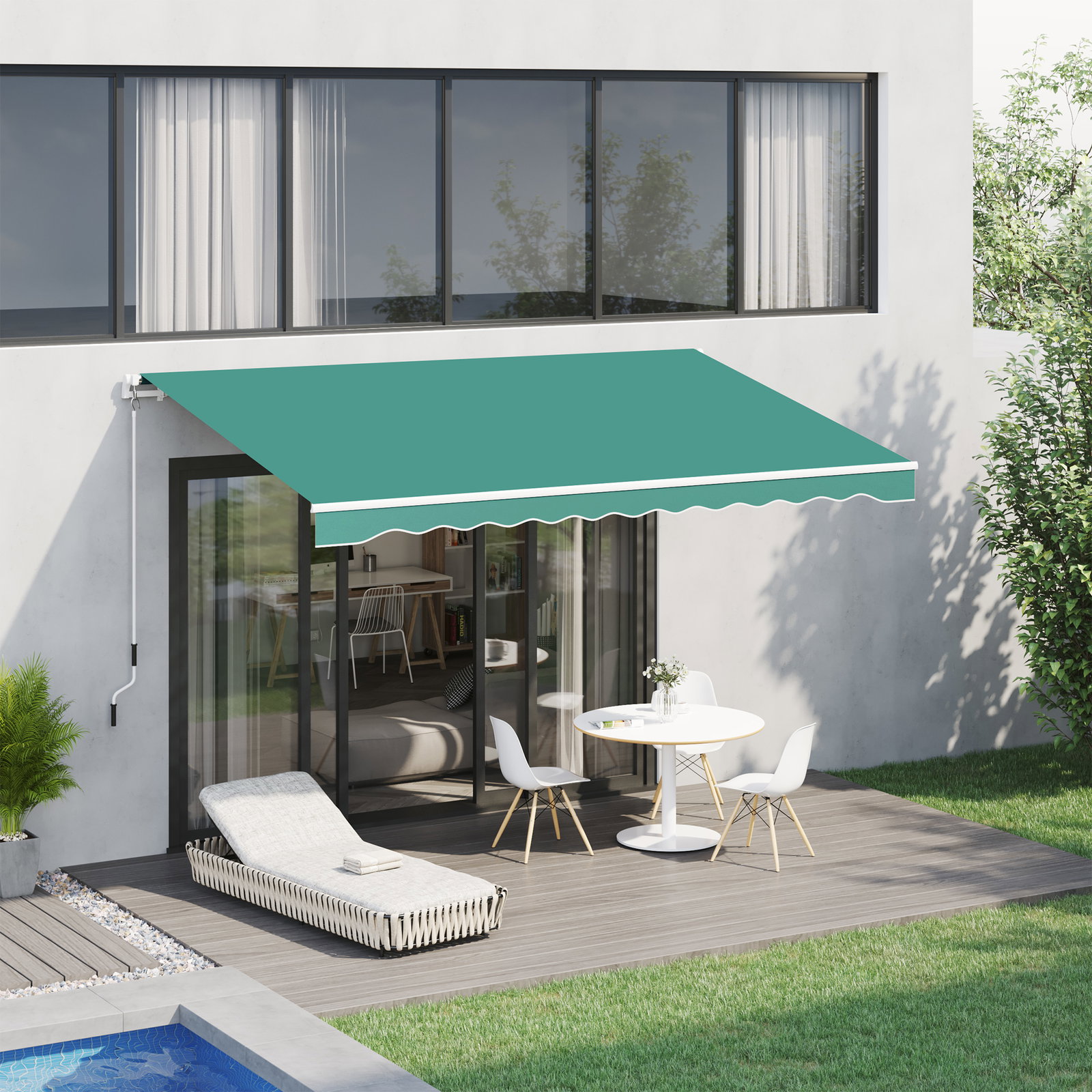 Toldo manual 395x245 cm toldo de varanda pátio com manivela de alumínio e tecido de poliéster 280 g/m² verde