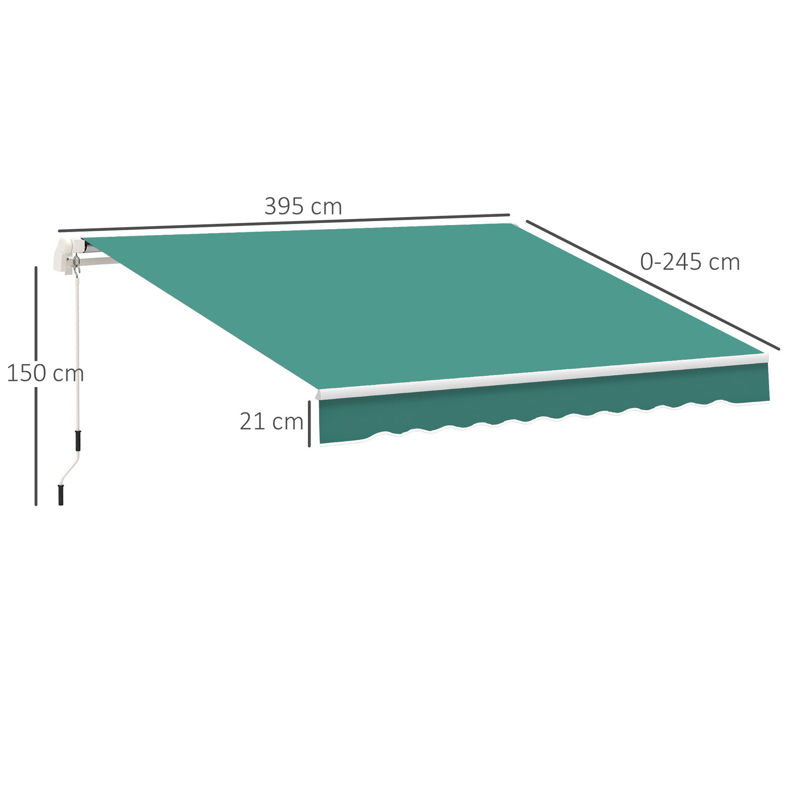 Toldo manual 395x245 cm toldo de varanda pátio com manivela de alumínio e tecido de poliéster 280 g/m² verde