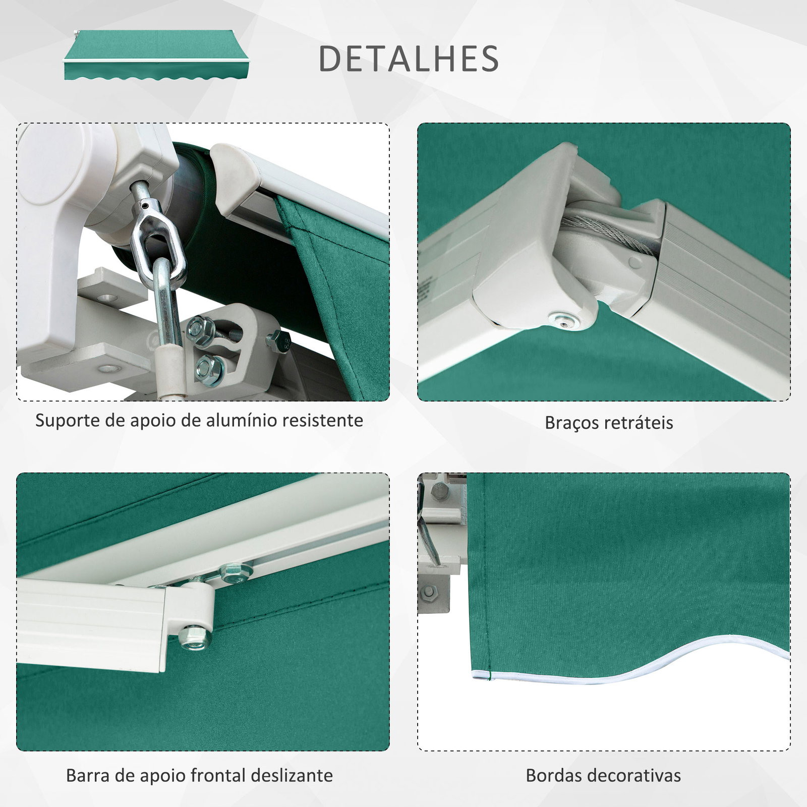 Toldo manual 395x245 cm toldo de varanda pátio com manivela de alumínio e tecido de poliéster 280 g/m² verde