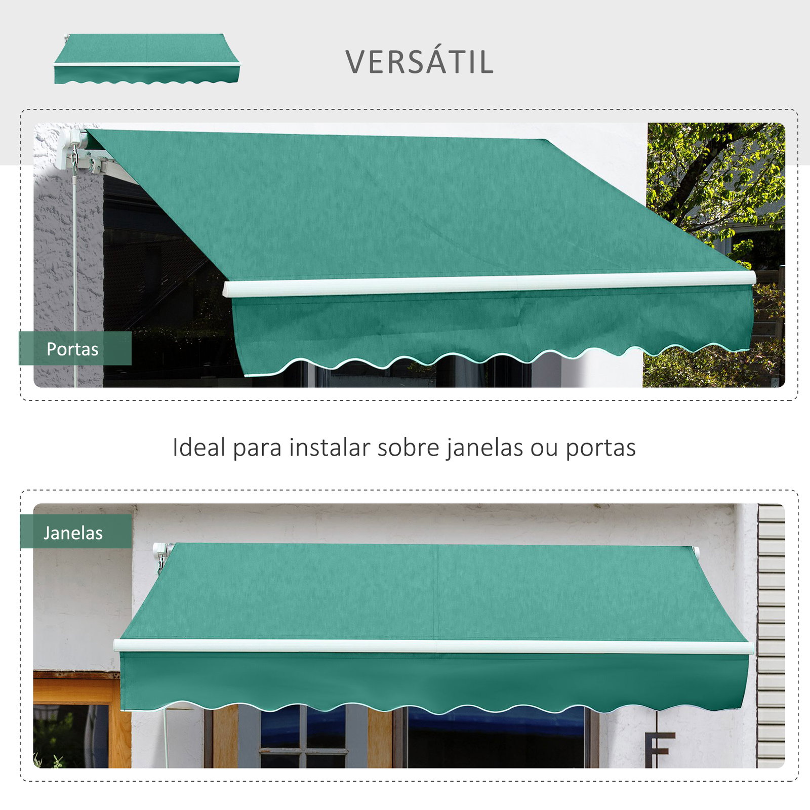 Toldo manual 395x245 cm toldo de varanda pátio com manivela de alumínio e tecido de poliéster 280 g/m² verde
