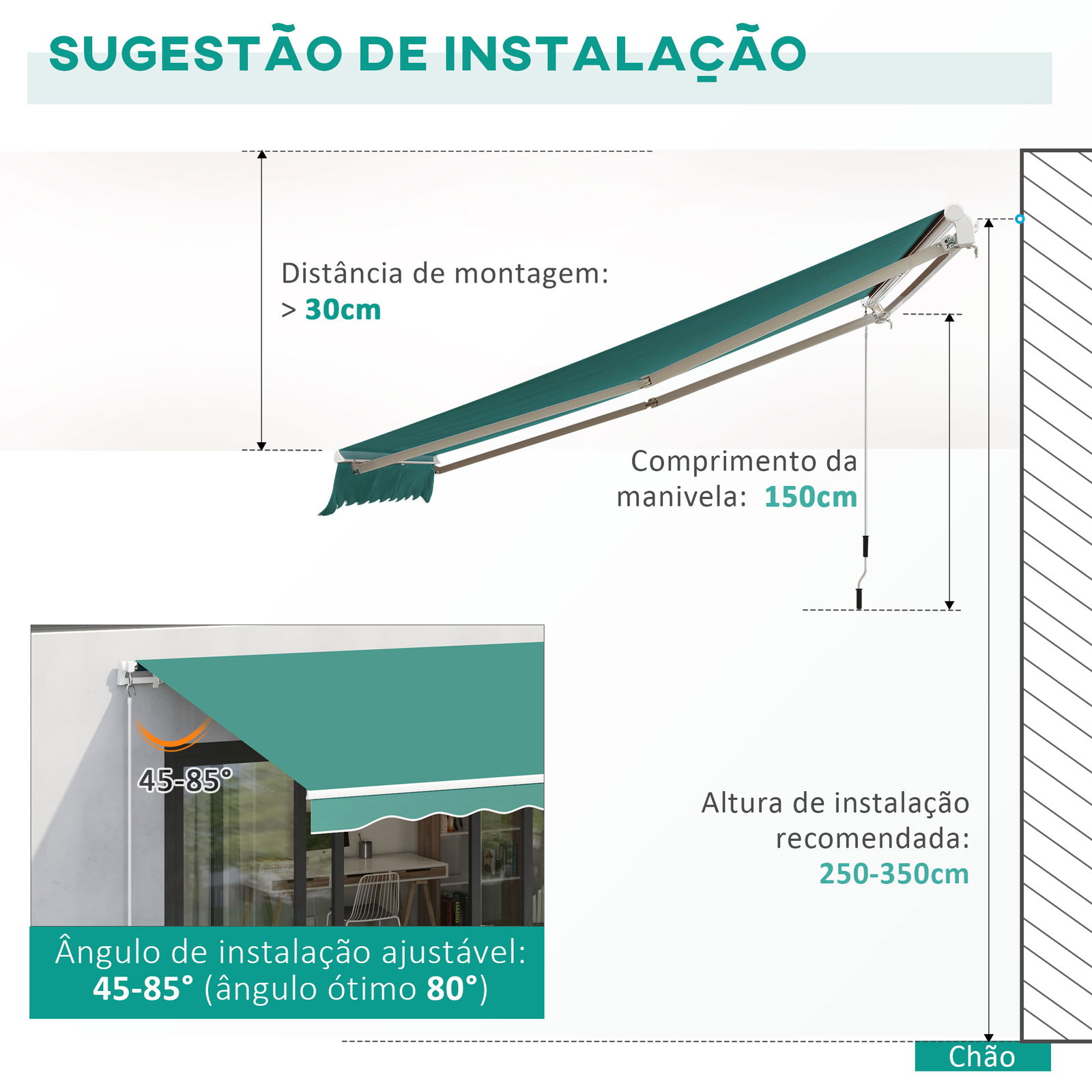 Toldo manual 395x245 cm toldo de varanda pátio com manivela de alumínio e tecido de poliéster 280 g/m² verde