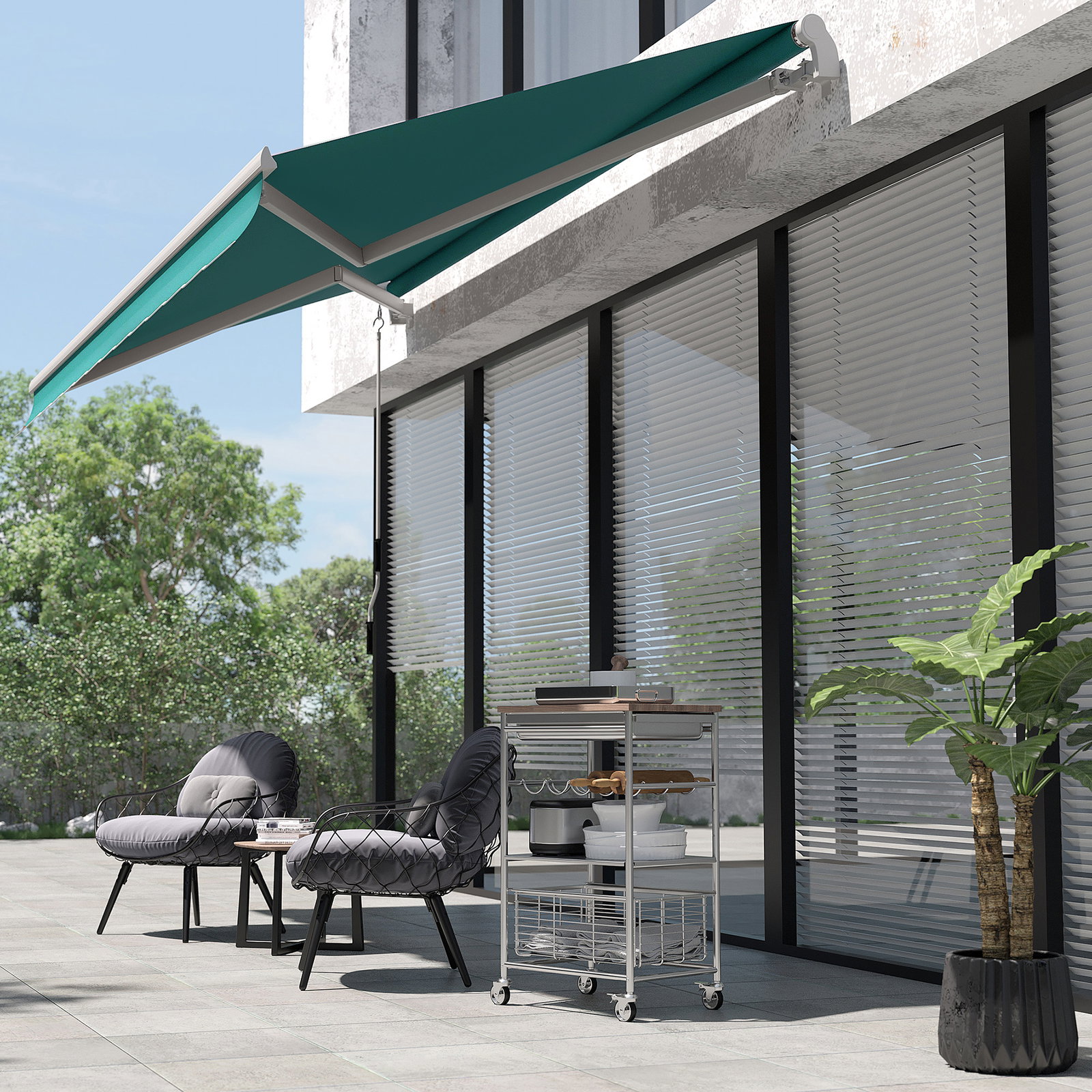 Toldo manual 395x245 cm toldo de varanda pátio com manivela de alumínio e tecido de poliéster 280 g/m² verde