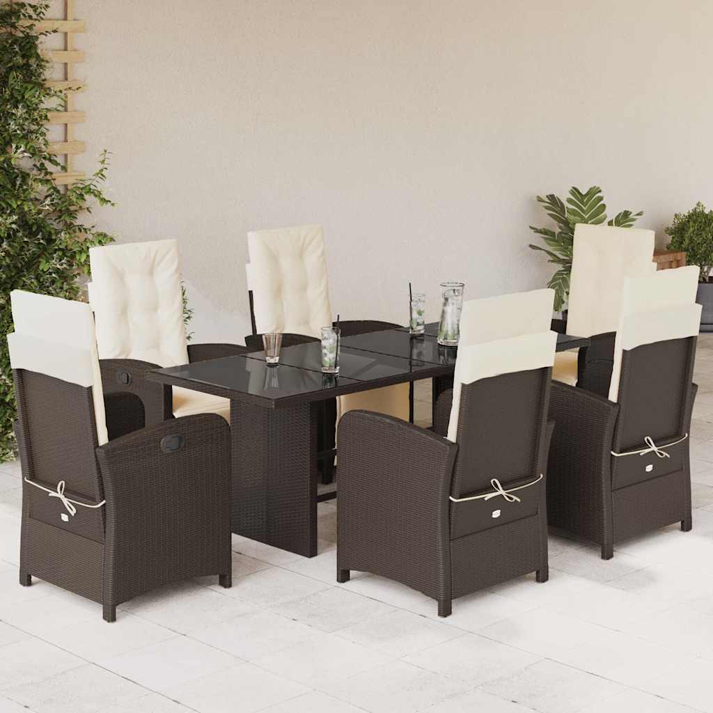7 Pcs conjunto jantar p/ jardim c/ almofadões vime PE castanho