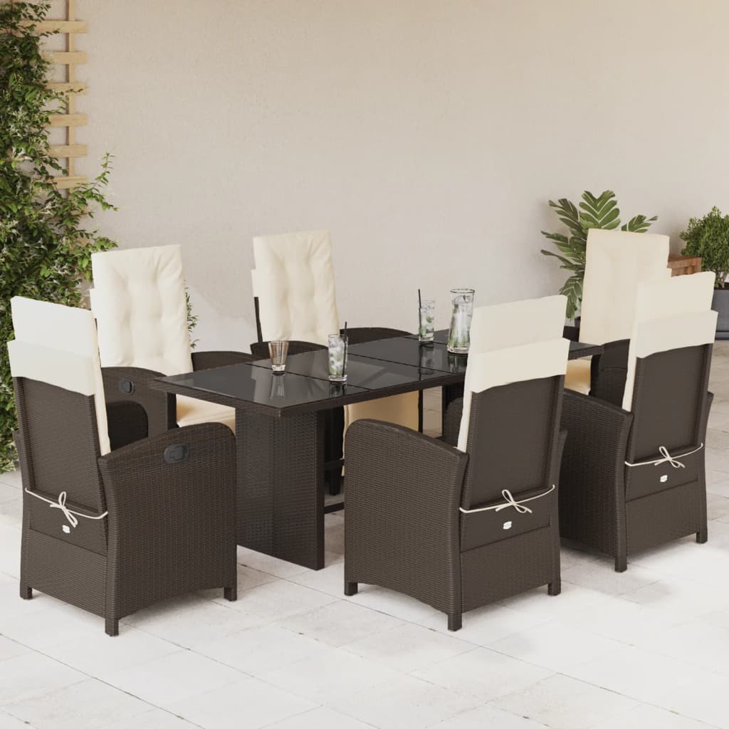 7 Pcs conjunto jantar p/ jardim c/ almofadões vime PE castanho
