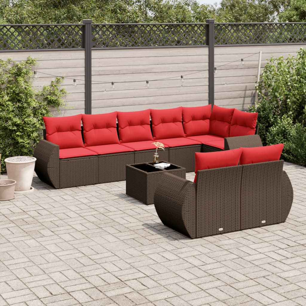 Conjunto de sofá de jardim com 9 peças e almofadas em rattan sintético marrom