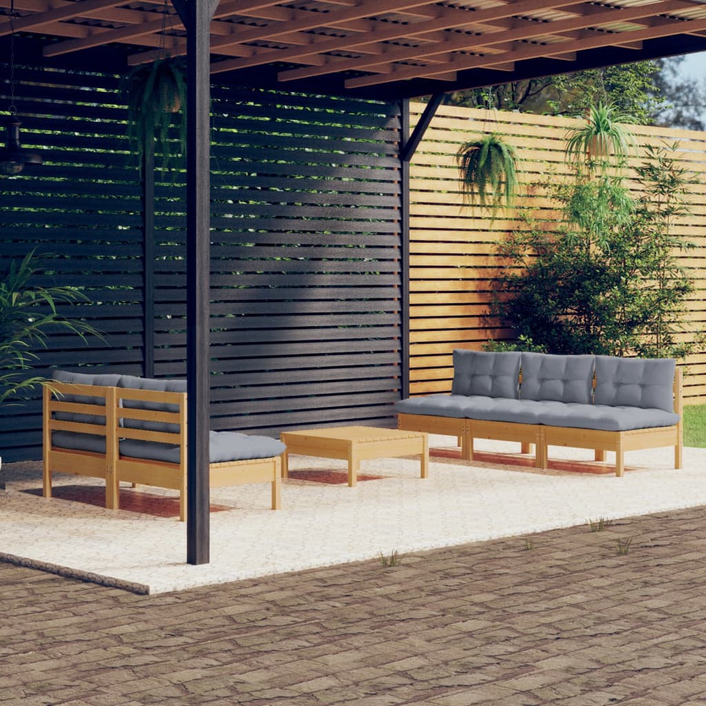 6 Pcs conjunto lounge de jardim c/ almofadões cinzentos pinho