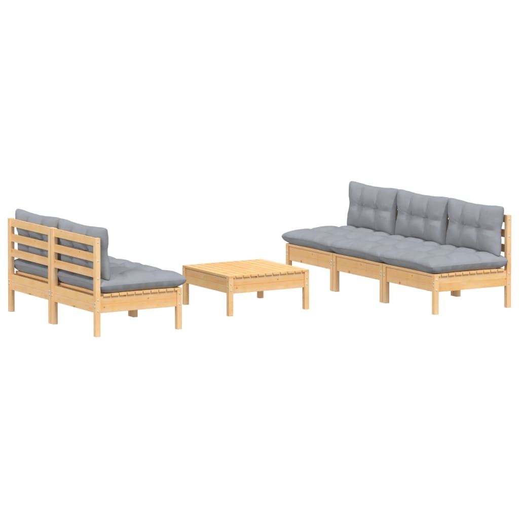 6 Pcs conjunto lounge de jardim c/ almofadões cinzentos pinho