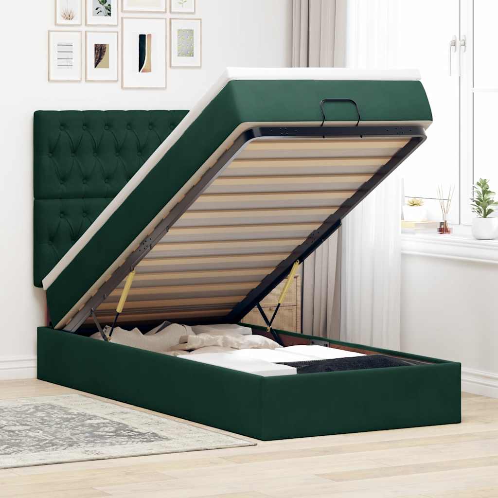 Estrutura de cama otomana com colchões verde escuro veludo