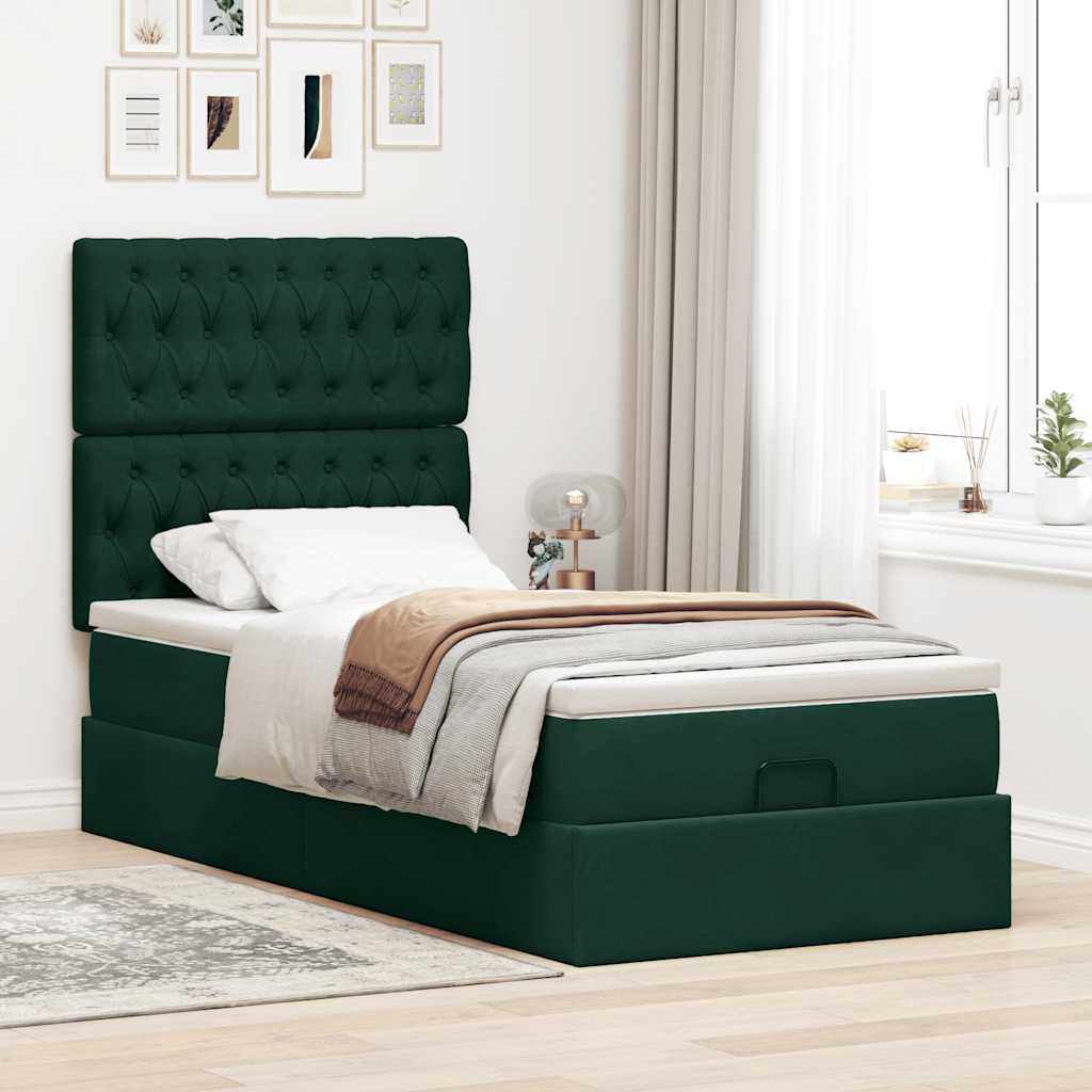 Estrutura de cama otomana com colchões verde escuro veludo