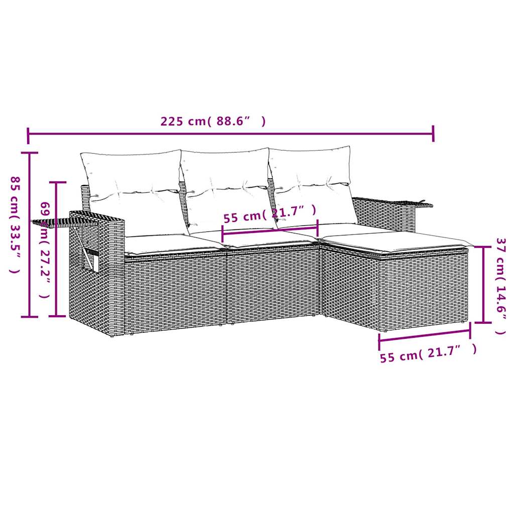 4 Pcs conjunto sofás de jardim c/ almofadões vime PE cinzento