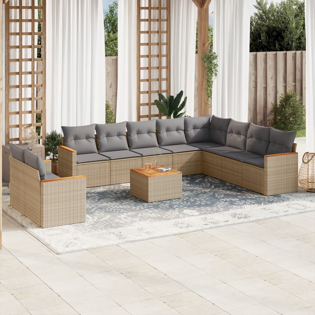 11 Pcs conjunto sofás de jardim c/ almofadões vime PE bege