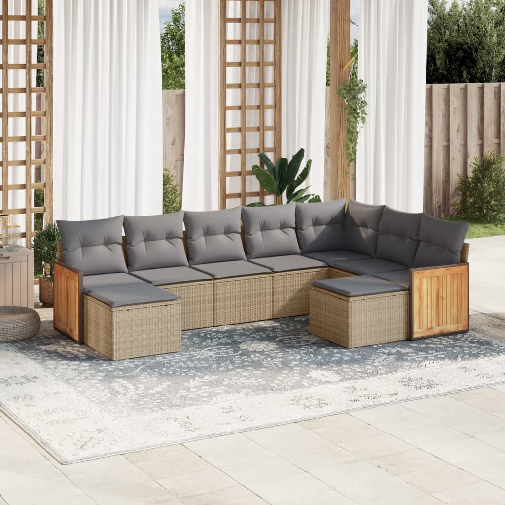 9 Pcs conjunto de sofás p/ jardim com almofadões vime PE bege
