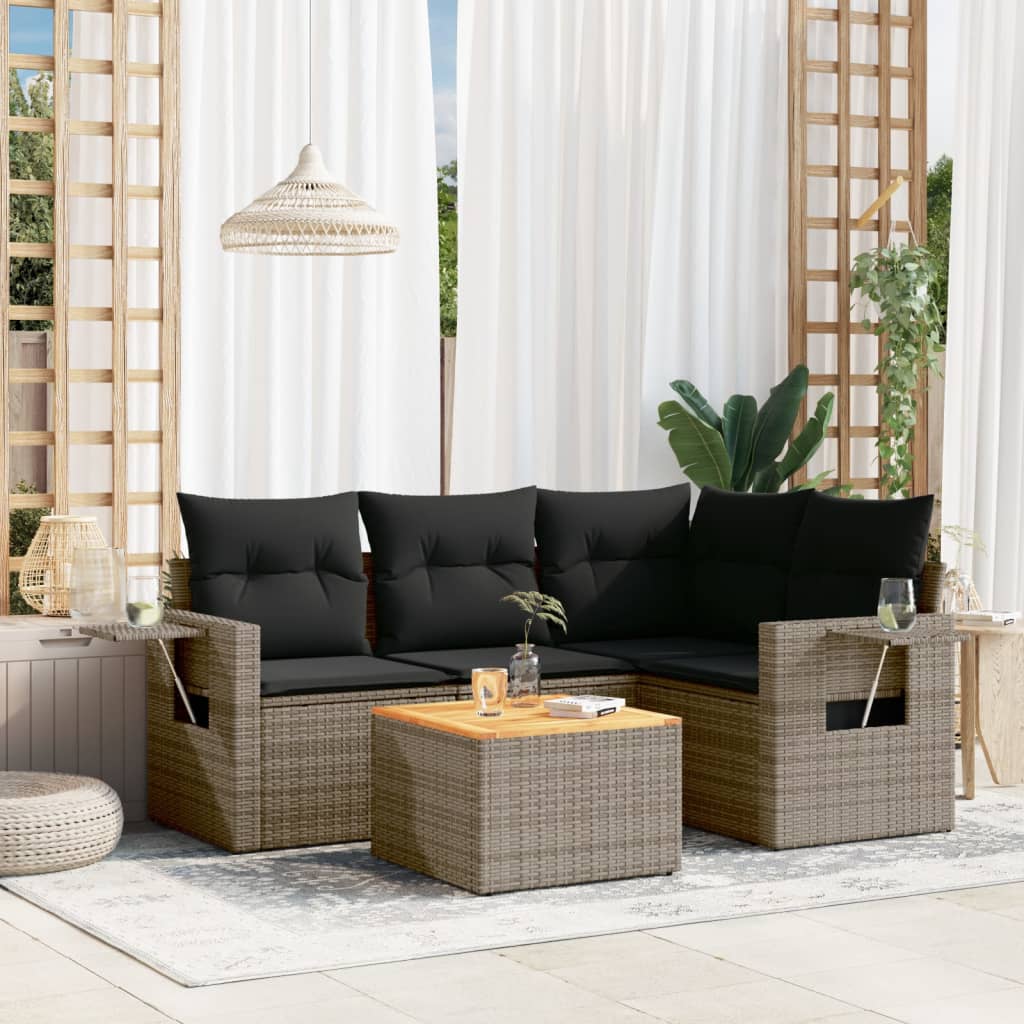 5 Pcs conjunto sofás de jardim c/ almofadões vime PE cinzento