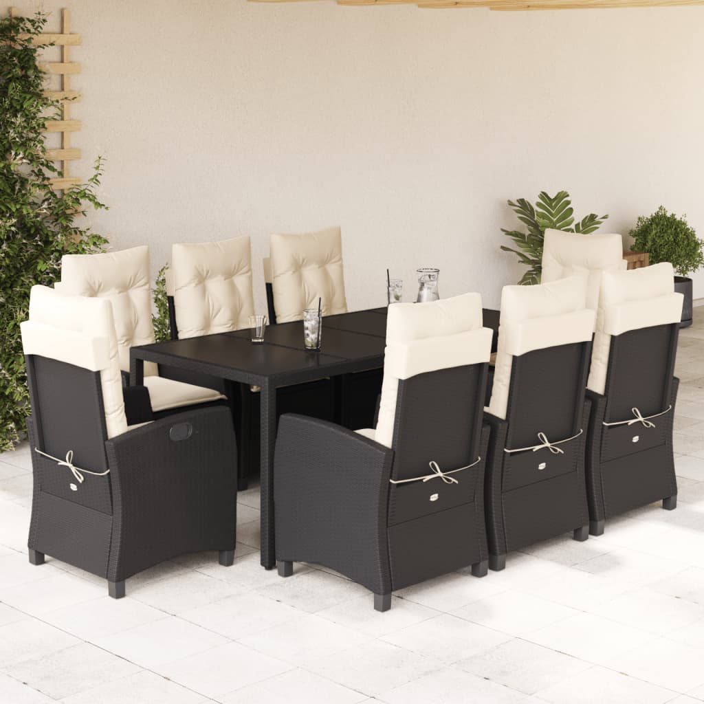 9 Pcs conjunto de jantar p/ jardim c/ almofadões vime PE preto