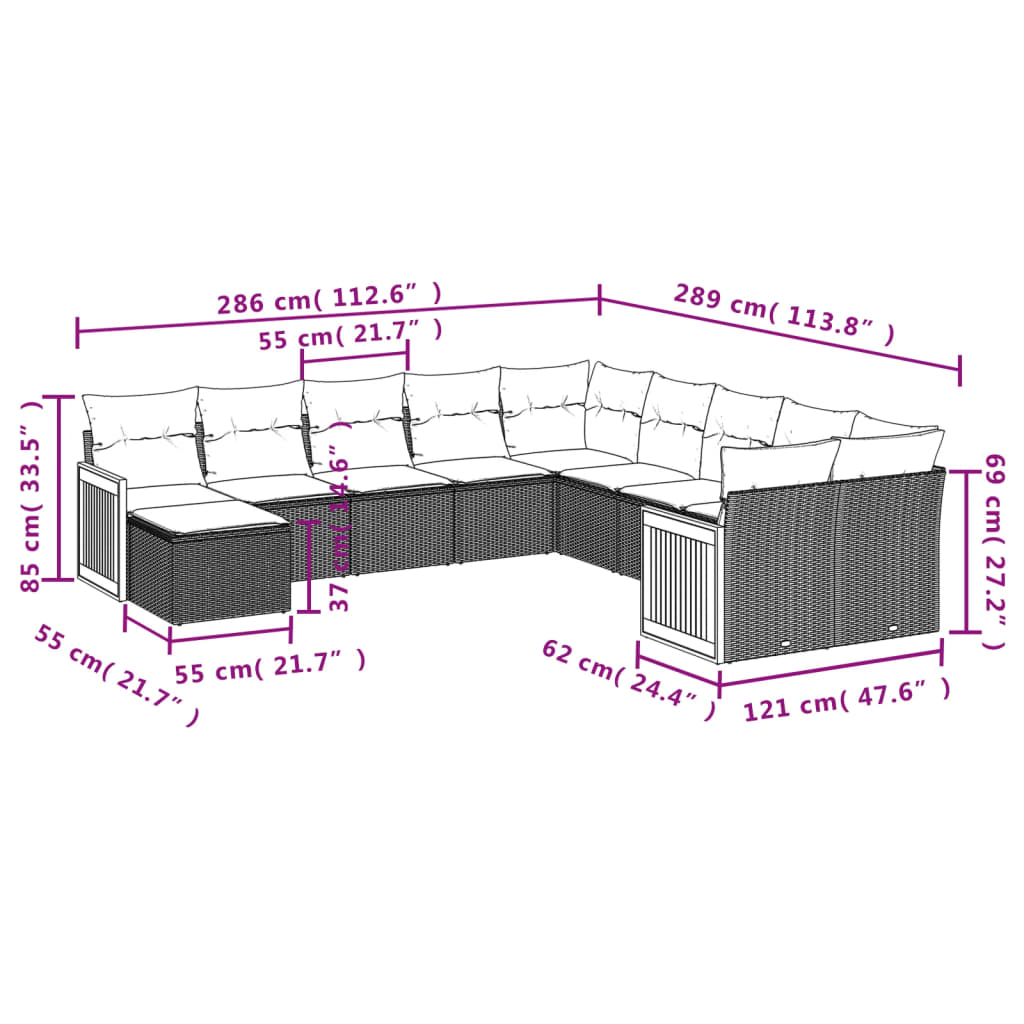 11 Pcs conjunto sofás de jardim c/ almofadões vime PE bege