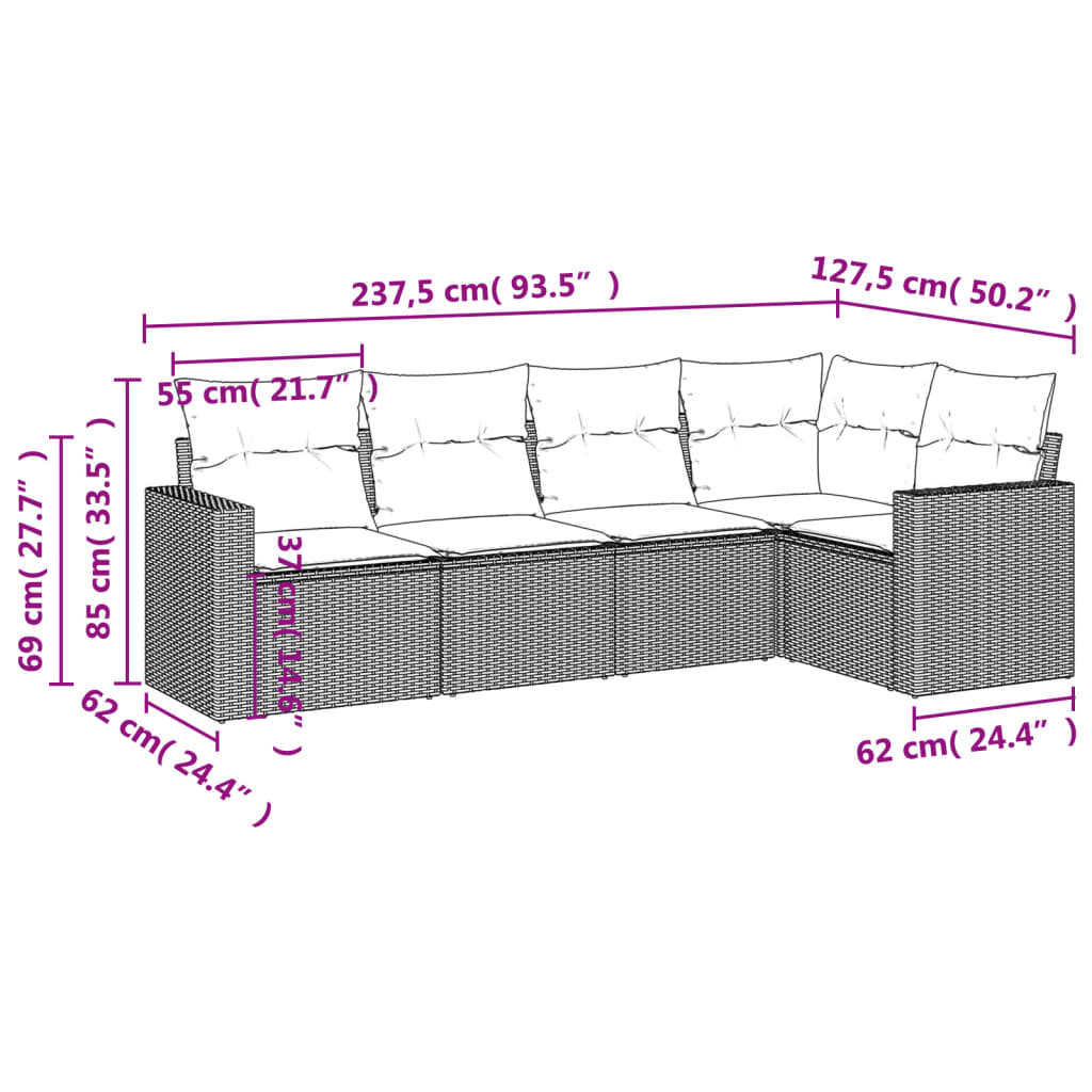 5 Pcs conjunto sofás de jardim com almofadões vime PE preto