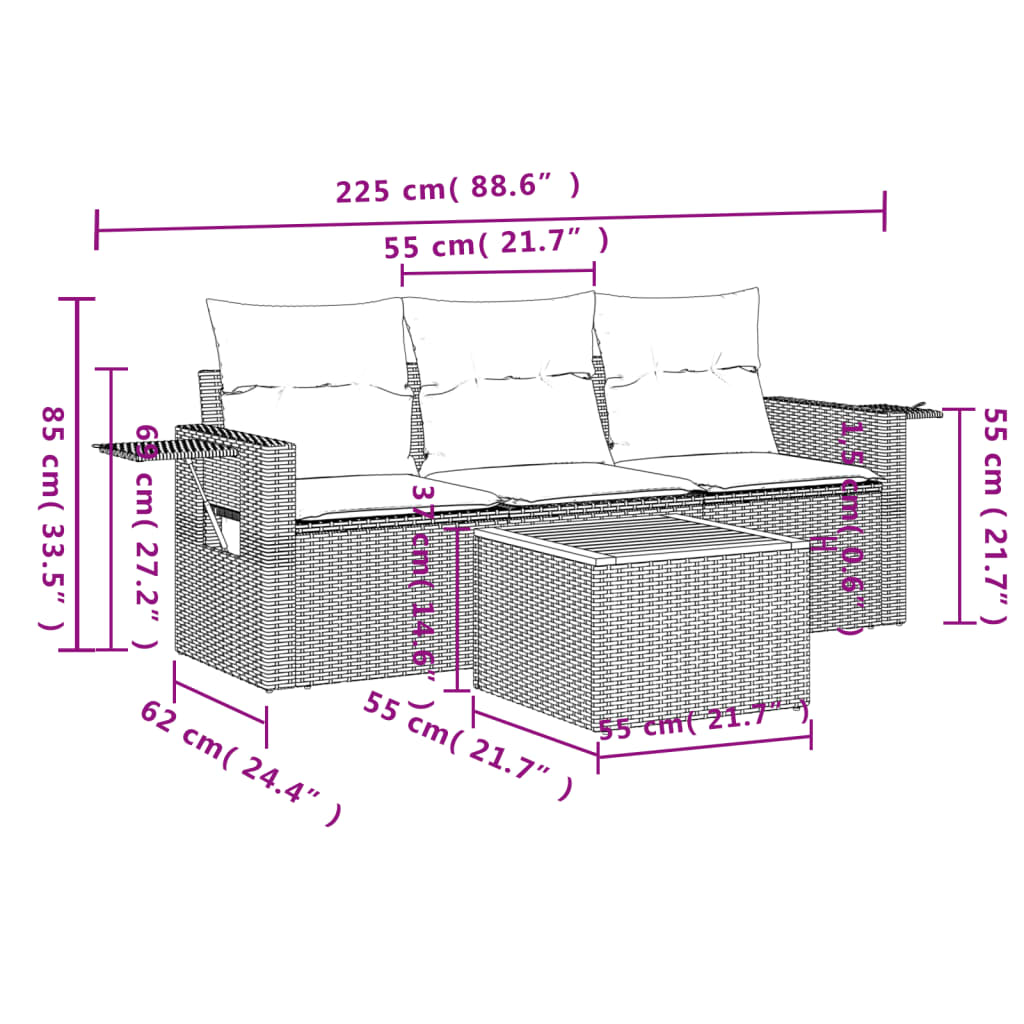 4 Pcs conjunto de sofás para jardim c/ almofadões vime PE preto