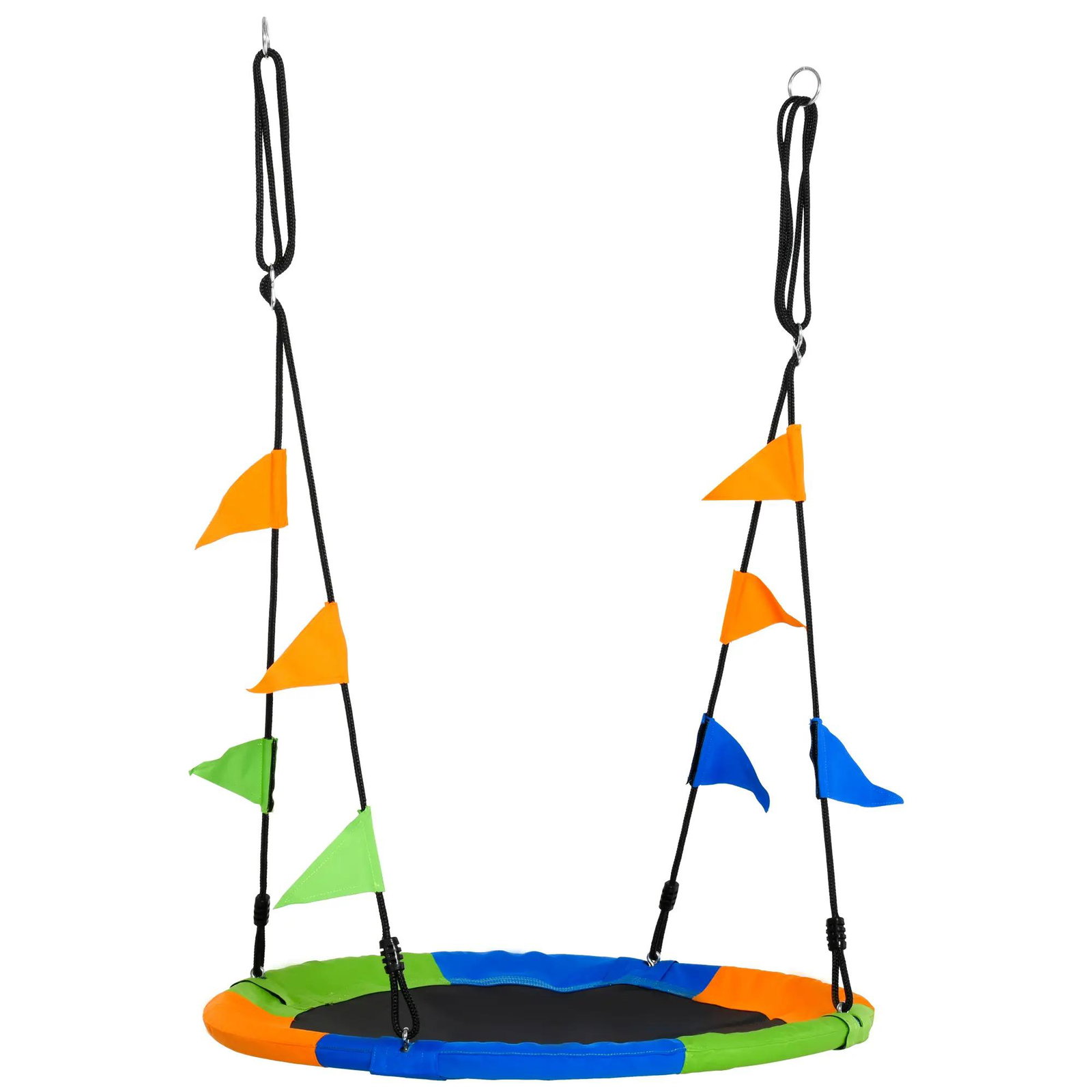 Baloiço de jardim com altura ajustável com cordas e bandeiras para crianças e adultos carga 80 kg interior e exterior ø100x180 cm multicolor