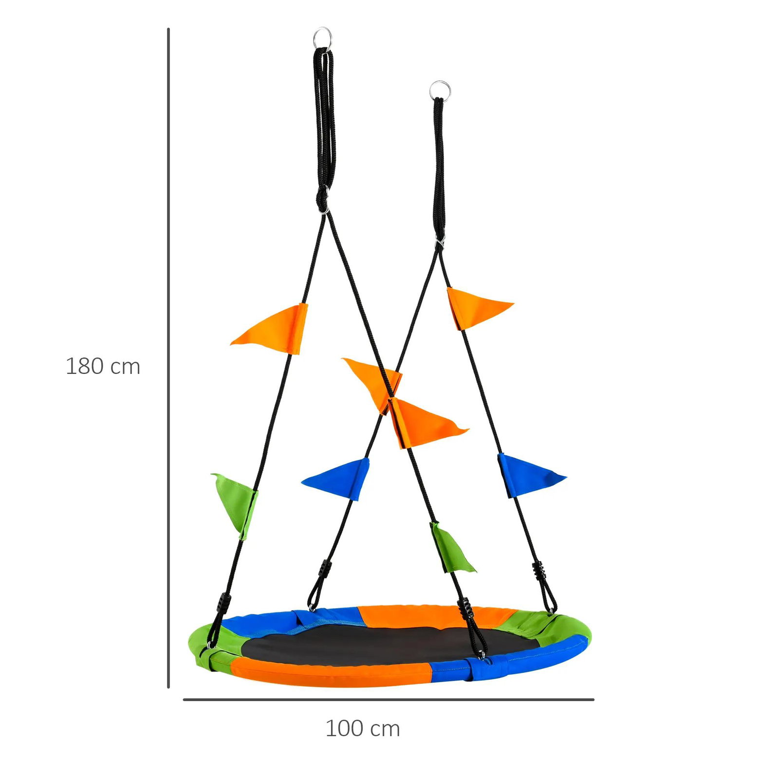 Baloiço de jardim com altura ajustável com cordas e bandeiras para crianças e adultos carga 80 kg interior e exterior ø100x180 cm multicolor