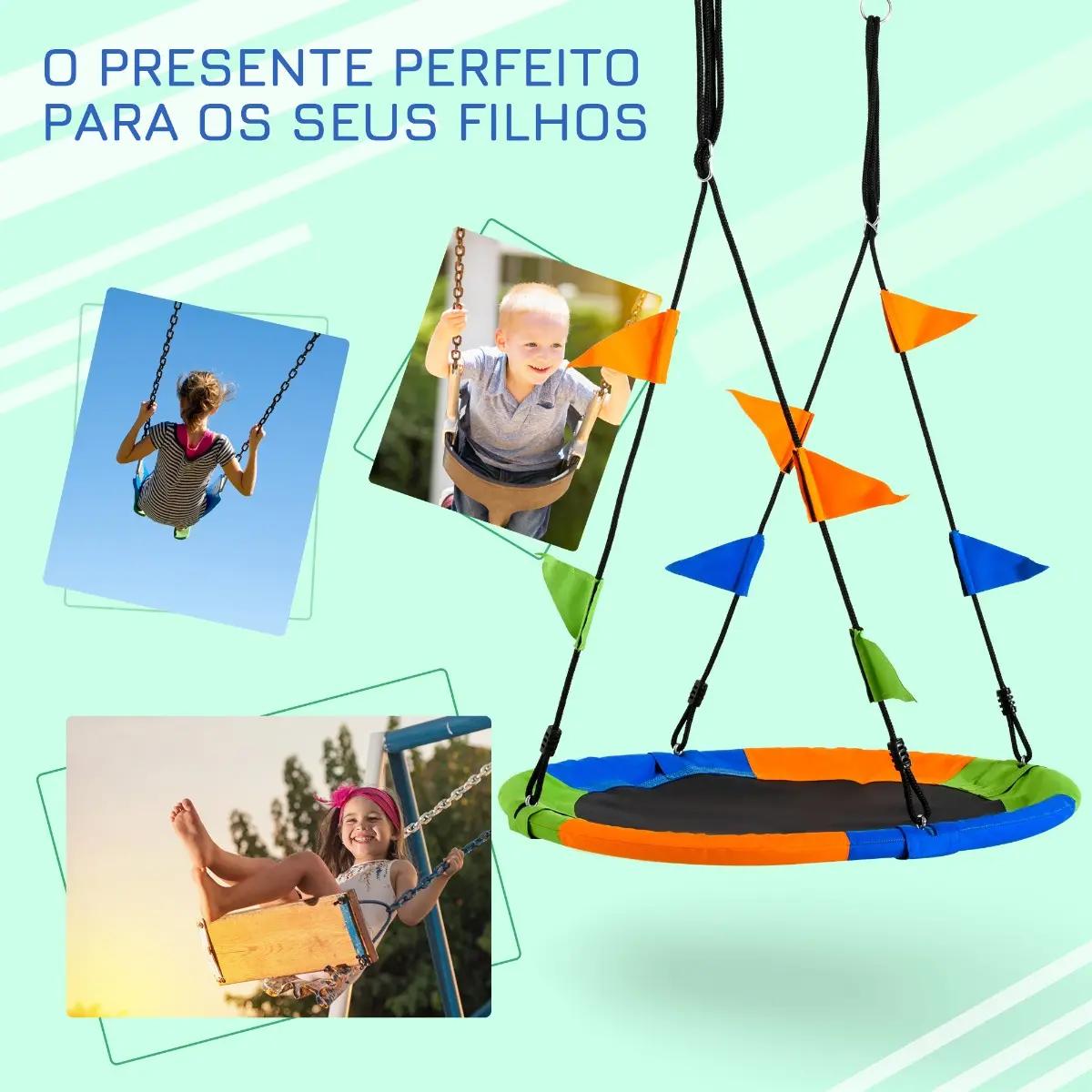 Baloiço de jardim com altura ajustável com cordas e bandeiras para crianças e adultos carga 80 kg interior e exterior ø100x180 cm multicolor