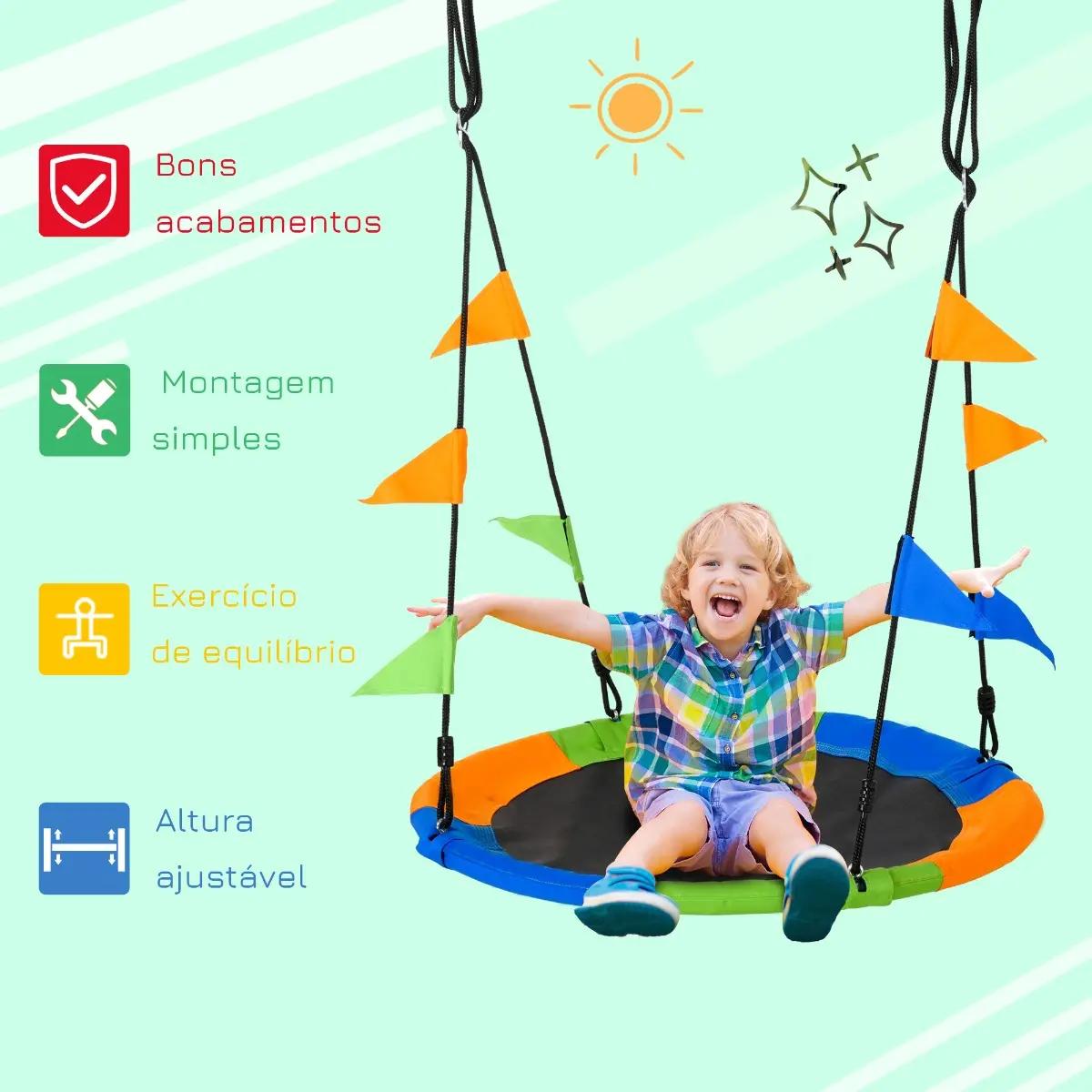 Baloiço de jardim com altura ajustável com cordas e bandeiras para crianças e adultos carga 80 kg interior e exterior ø100x180 cm multicolor