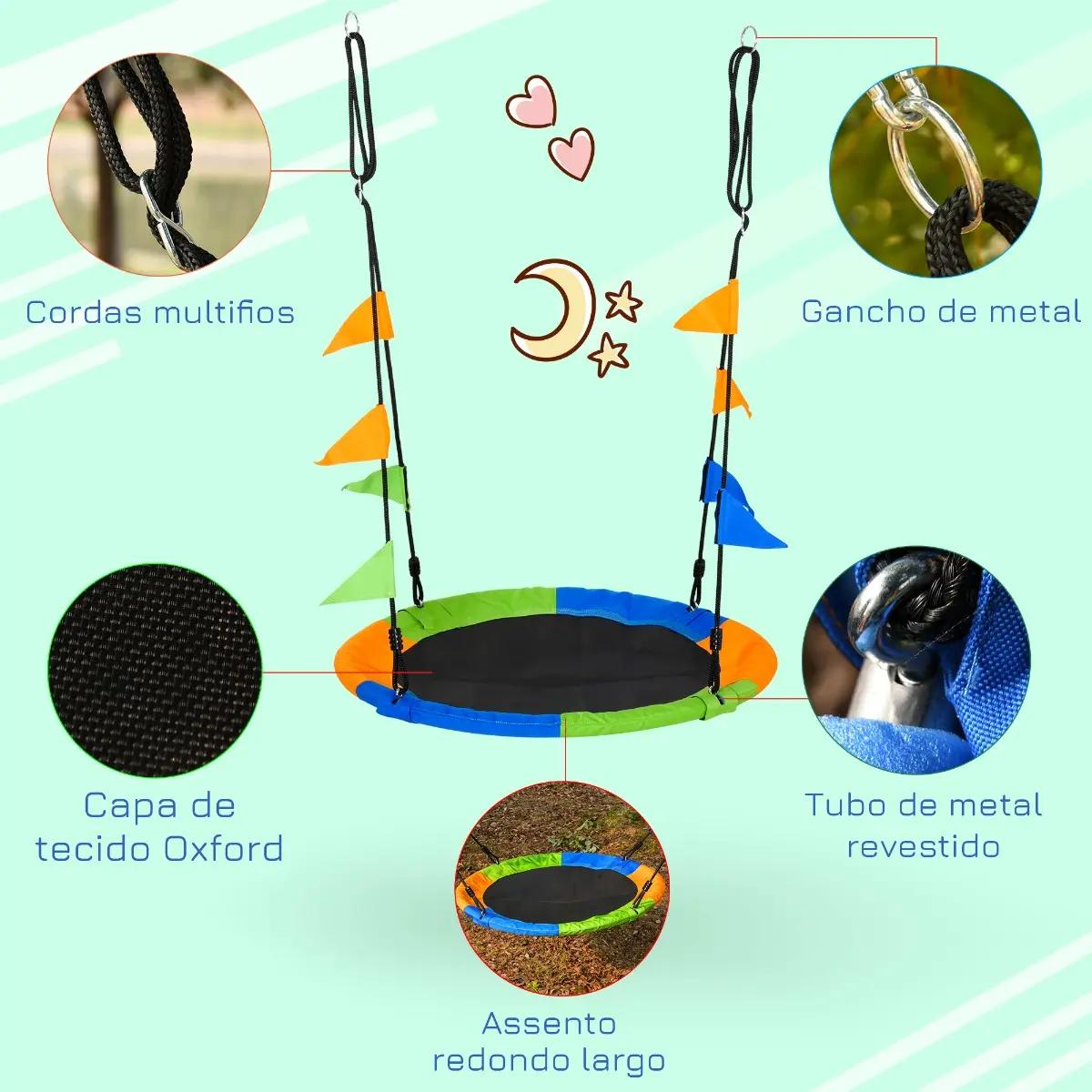 Baloiço de jardim com altura ajustável com cordas e bandeiras para crianças e adultos carga 80 kg interior e exterior ø100x180 cm multicolor
