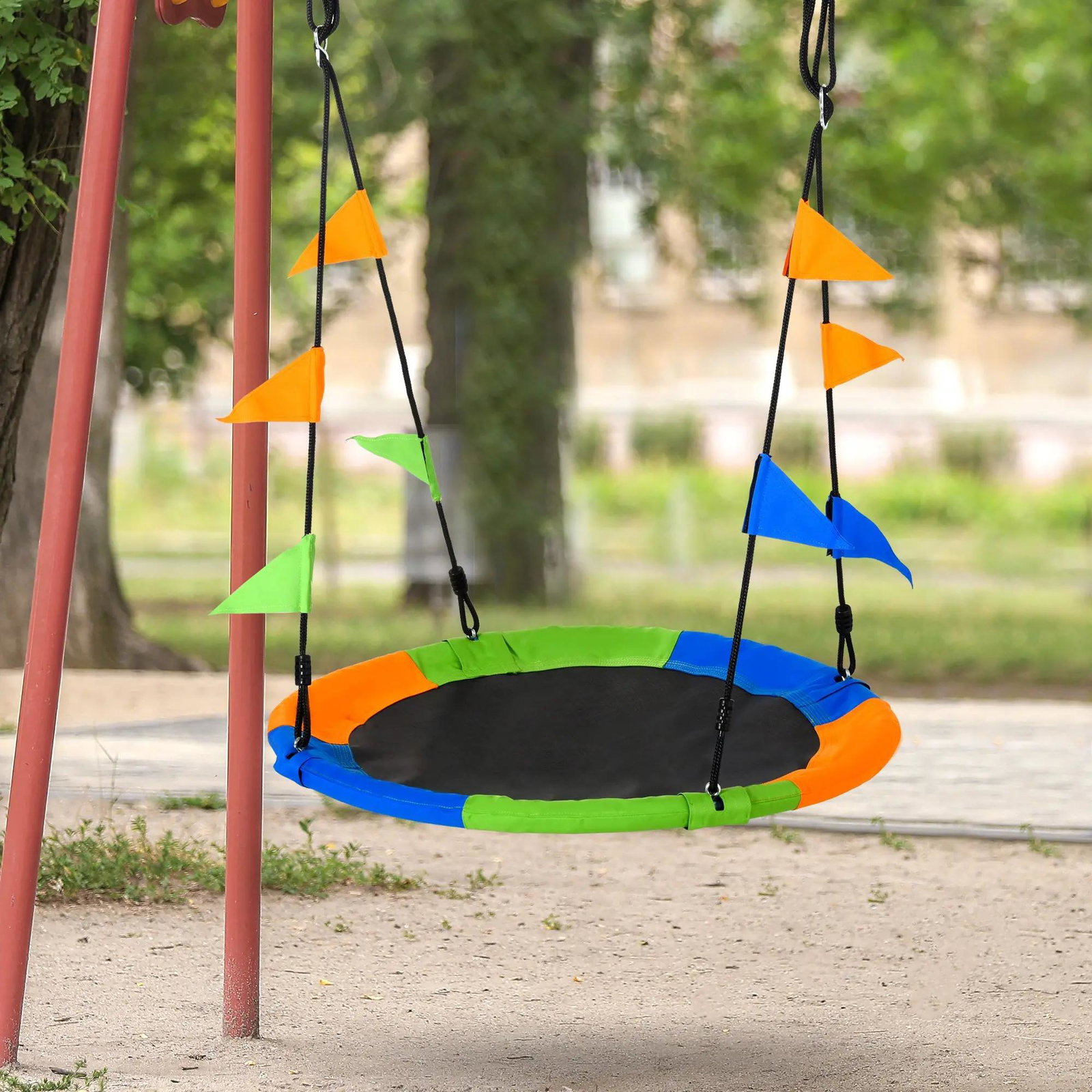 Baloiço de jardim com altura ajustável com cordas e bandeiras para crianças e adultos carga 80 kg interior e exterior ø100x180 cm multicolor