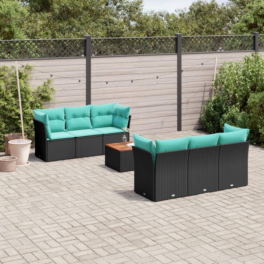 7 Pcs conjunto de sofás p/ jardim c/ almofadões vime PE preto