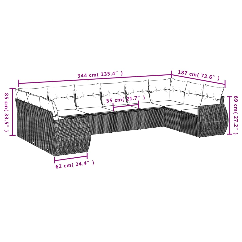 11 Pcs conjunto sofás de jardim c/ almofadões vime PE bege