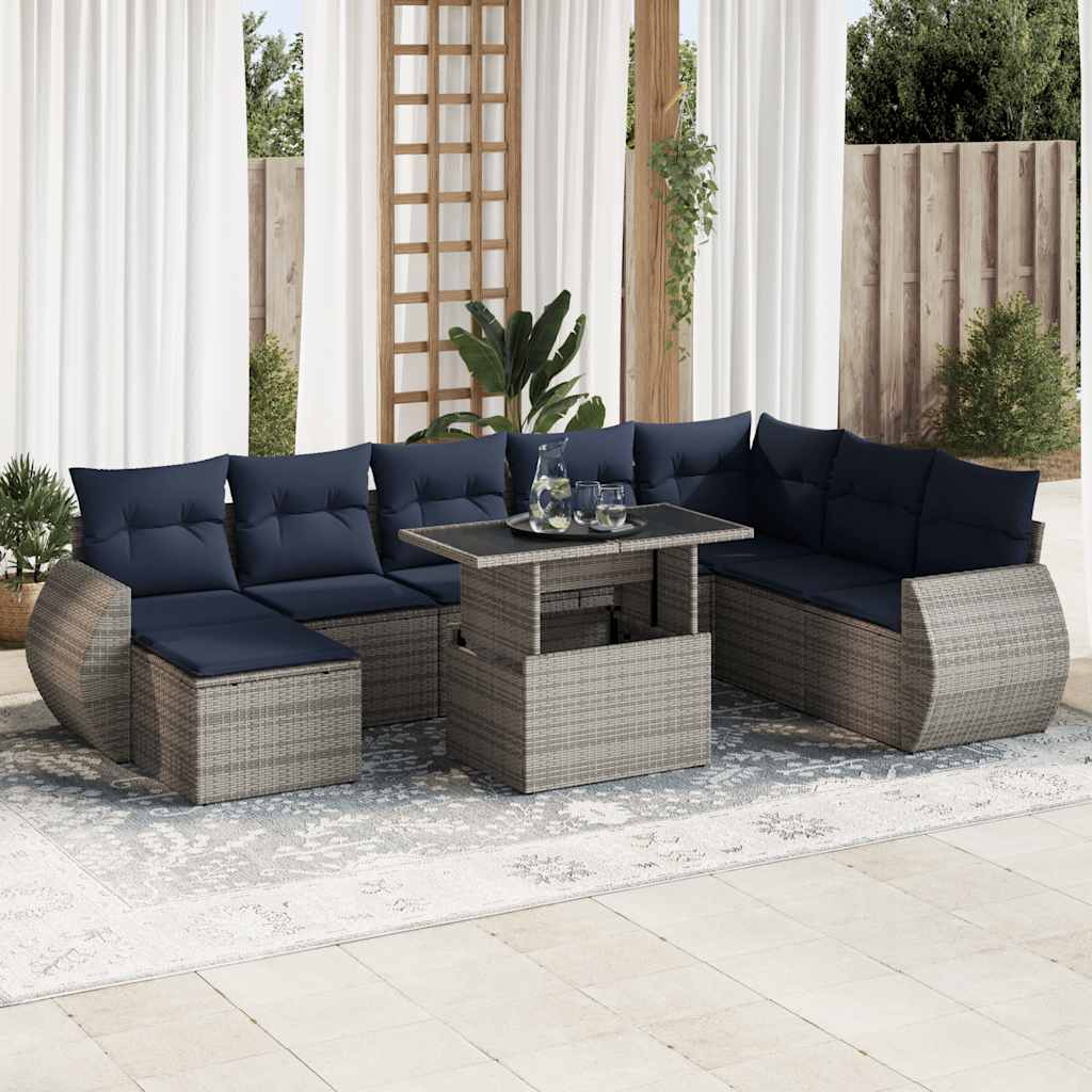 9 Pcs conjunto sofás de jardim c/ almofadões vime PE/acácia