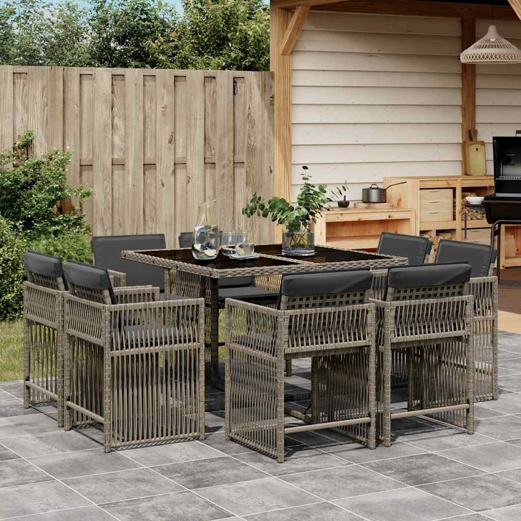 9 Pcs conjunto de jantar p/ jardim c/ almofadões vime PE cinza
