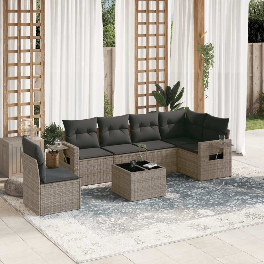 7 Pcs conjunto sofás p/ jardim c/ almofadões vime PE cinzento