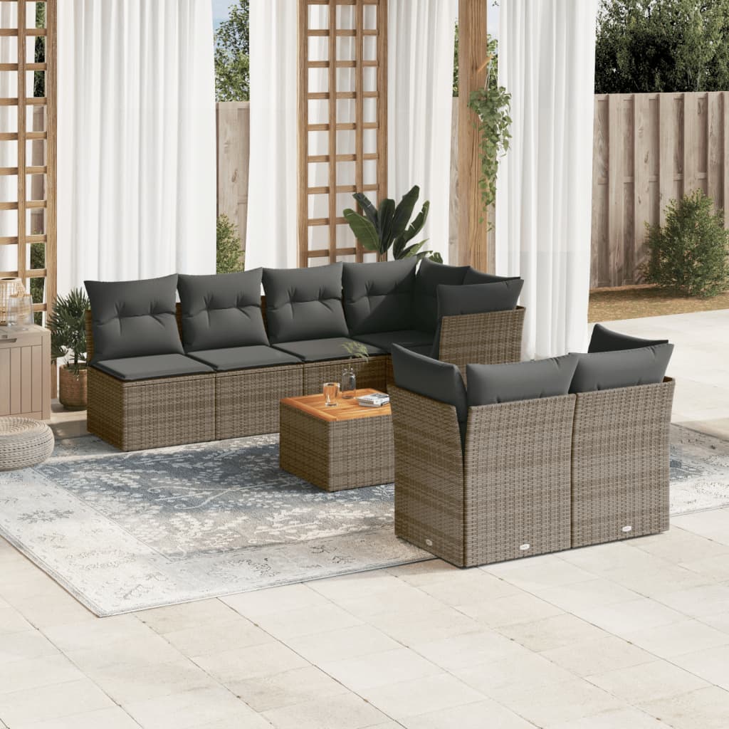 8 Pcs conjunto sofás de jardim c/ almofadões vime PE cinzento