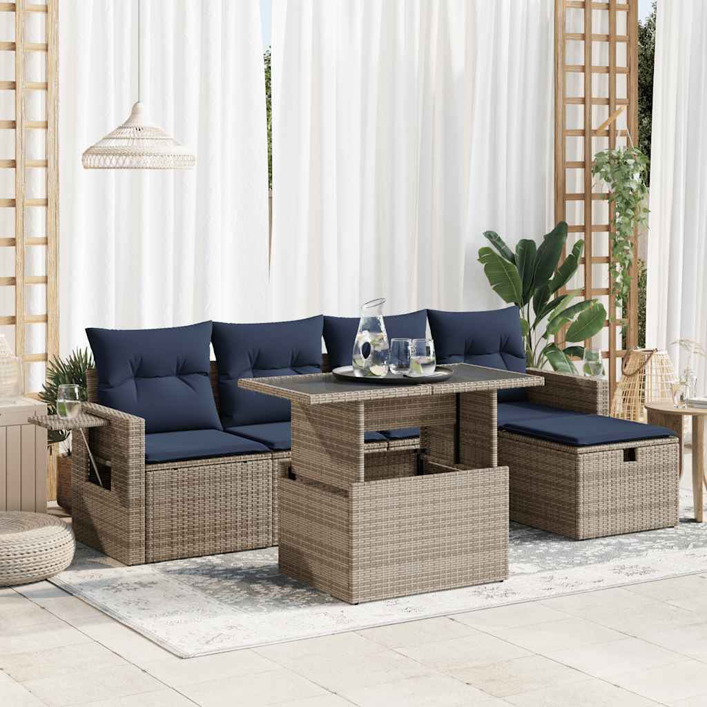 6 Pcs conj. sofás jardim c/ almofadões vime PE/acácia cinzento