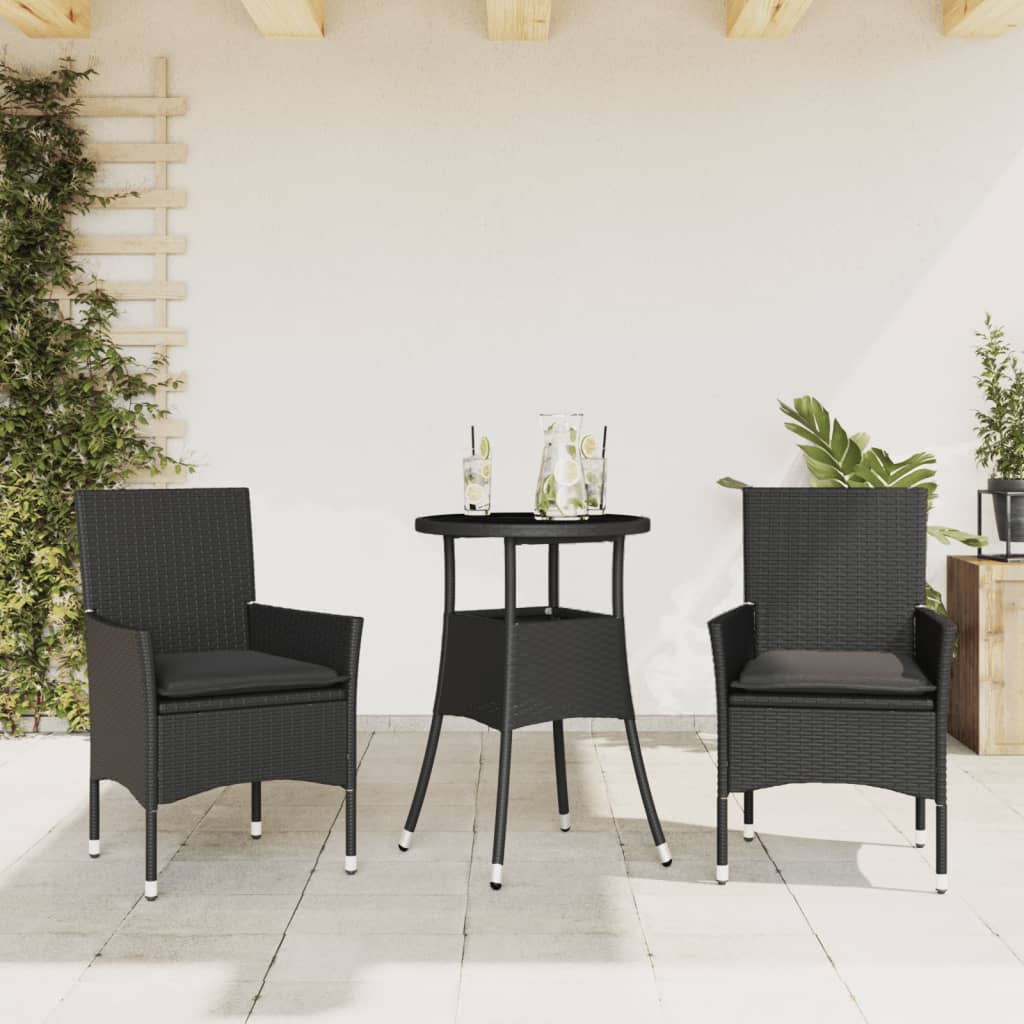 3 Pcs conjunto jantar jardim c/ almofadões vime PE/vidro preto